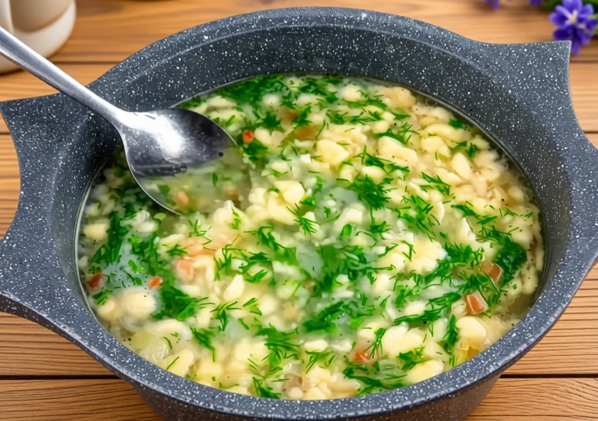 Домашний суп «Затируха» с зеленью и густыми клёцками в кастрюле, процесс приготовления